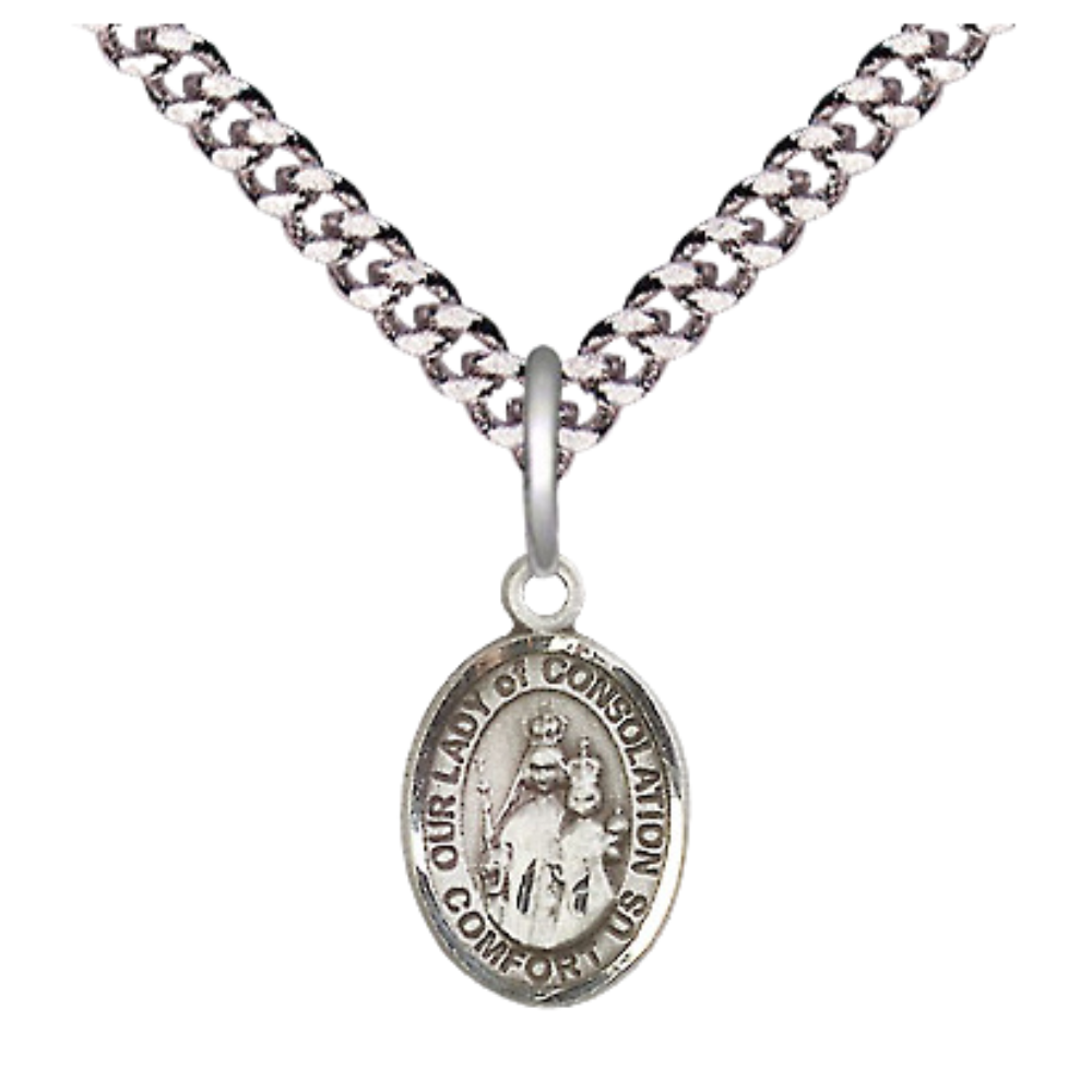 Small Sized Men's Pewter Our Lady of Consolation Medal Pendant on 24 Inch Endless Rhodium Plated Heavy Curb Brass Chain, Catholic Religious Necklace - Made in USA- Deluxe Velvet Gift Box