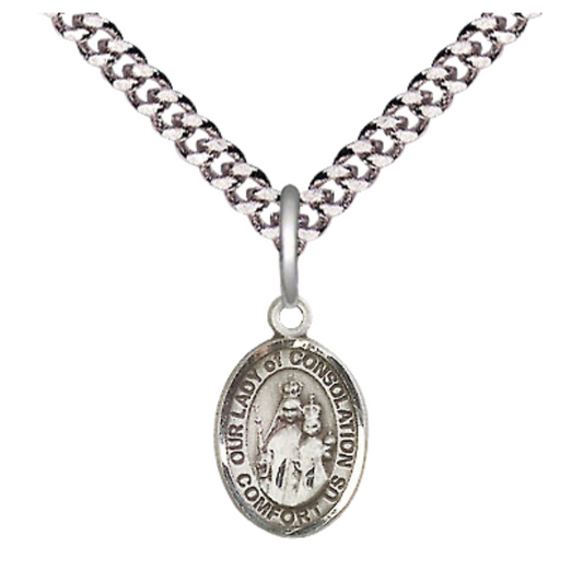 Small Sized Men's Pewter Our Lady of Consolation Medal Pendant on 24 Inch Endless Rhodium Plated Heavy Curb Brass Chain, Catholic Religious Necklace - Made in USA- Deluxe Velvet Gift Box