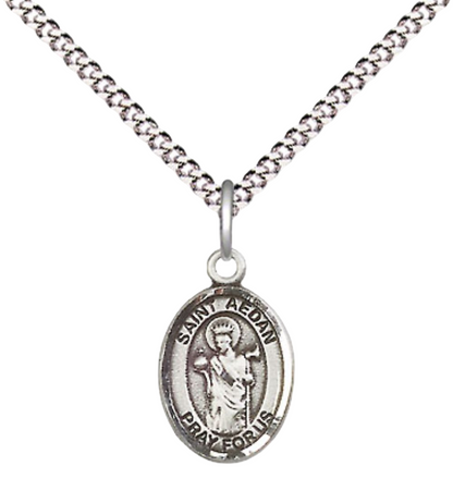 Small Sized Women's .925 Sterling Silver Saint Aedan of Ferns Medal Pendant on 18 Inch Rhodium Plated Lite Curb Brass Chain with Lobster Claw Clasp, Catholic Religious Necklace - Made in USA- Velvet Gift Box