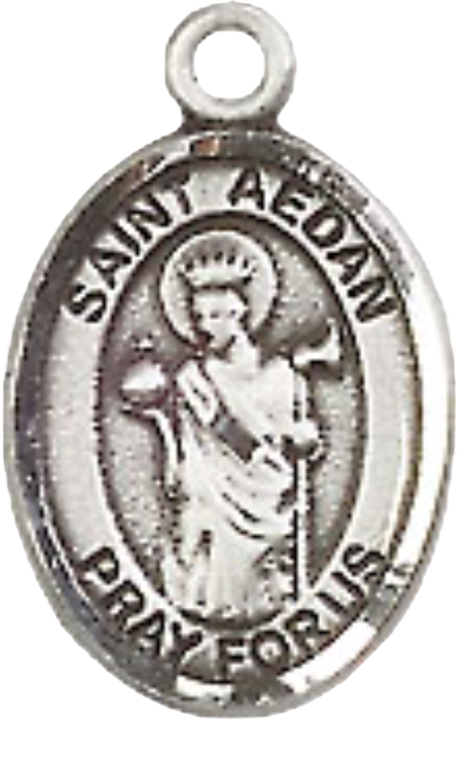 Small Sized Women's Pewter Saint Aedan of Ferns Medal Pendant on 18 Inch Rhodium Plated Lite Curb Brass Chain with Lobster Claw Clasp, Catholic Religious Necklace - Made in USA- Velvet Gift Box