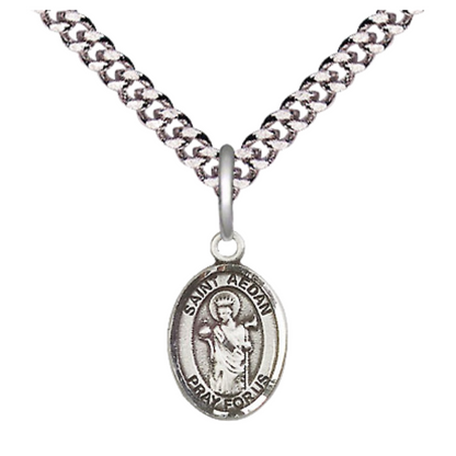 Small Sized Men's Pewter Saint St. Aedan of Ferns Medal Pendant on 24 Inch Endless Rhodium Plated Heavy Curb Brass Chain, Catholic Religious Necklace - Made in USA- Deluxe Velvet Gift Box