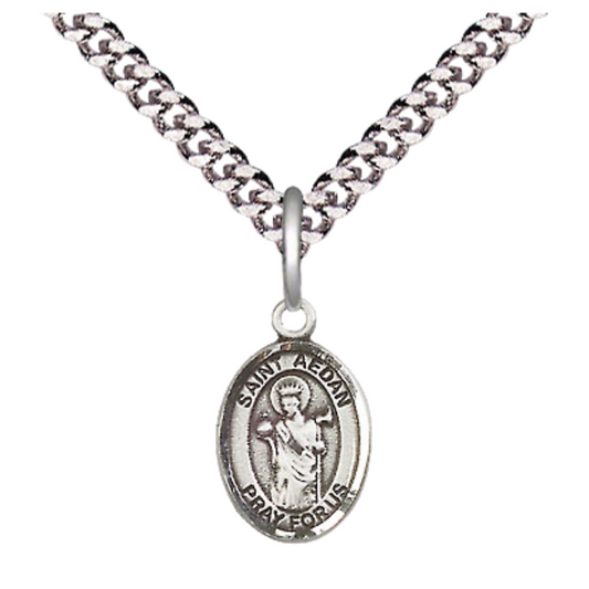 Small Sized Men's Pewter Saint St. Aedan of Ferns Medal Pendant on 24 Inch Endless Rhodium Plated Heavy Curb Brass Chain, Catholic Religious Necklace - Made in USA- Deluxe Velvet Gift Box