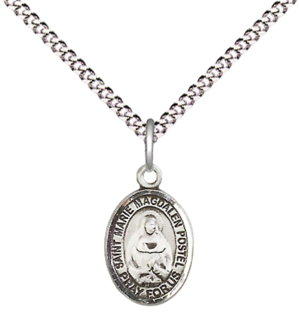 Small Sized Women's Pewter Marie Magdalen Postel Medal Pendant on 18 Inch Rhodium Plated Lite Curb Brass Chain with Lobster Claw Clasp, Catholic Religious Necklace - Made in USA- Velvet Gift Box