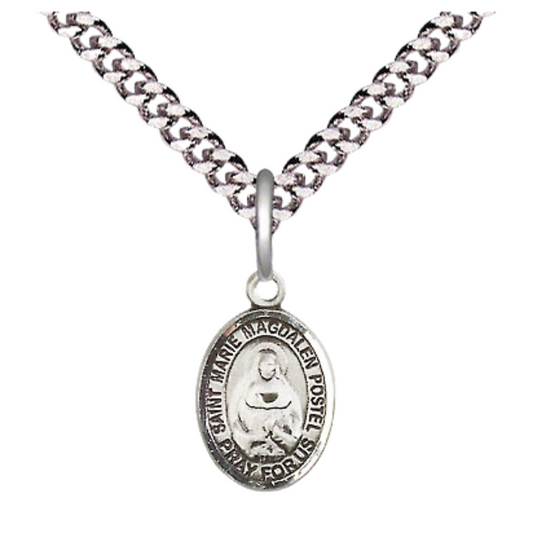 Small Sized Men's Pewter Marie Magdalen Postel Medal Pendant on 24 Inch Endless Rhodium Plated Heavy Curb Brass Chain, Catholic Religious Necklace - Made in USA- Deluxe Velvet Gift Box