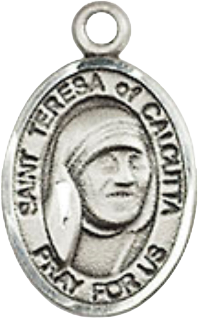 Small Sized Men's Pewter Saint St. Teresa of Calcutta Medal Pendant on 24 Inch Endless Rhodium Plated Heavy Curb Brass Chain, Catholic Religious Necklace - Made in USA- Deluxe Velvet Gift Box