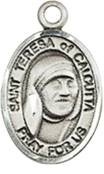 Small Sized Women's Pewter Saint St. Teresa of Calcutta Medal Pendant on 18 Inch Rhodium Plated Lite Curb Brass Chain with Lobster Claw Clasp, Catholic Religious Necklace - Made in USA- Velvet Gift Box