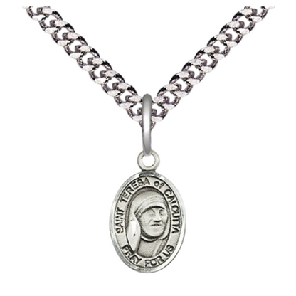 Small Sized Men's Pewter Saint St. Teresa of Calcutta Medal Pendant on 24 Inch Endless Rhodium Plated Heavy Curb Brass Chain, Catholic Religious Necklace - Made in USA- Deluxe Velvet Gift Box