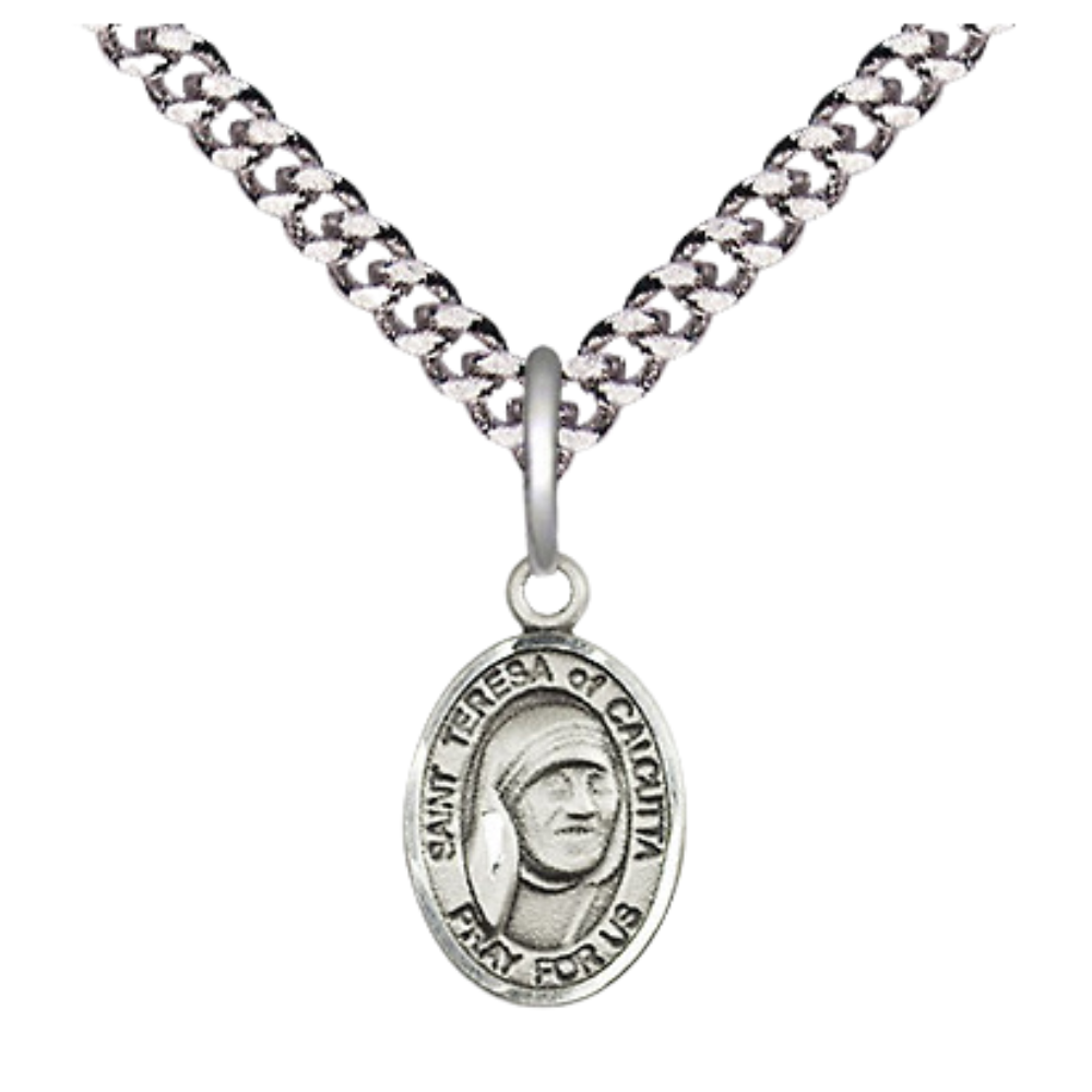 Small Sized Men's Pewter Saint St. Teresa of Calcutta Medal Pendant on 24 Inch Endless Rhodium Plated Heavy Curb Brass Chain, Catholic Religious Necklace - Made in USA- Deluxe Velvet Gift Box