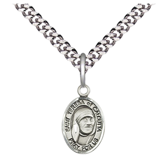 Small Sized Men's Pewter Saint St. Teresa of Calcutta Medal Pendant on 24 Inch Endless Rhodium Plated Heavy Curb Brass Chain, Catholic Religious Necklace - Made in USA- Deluxe Velvet Gift Box