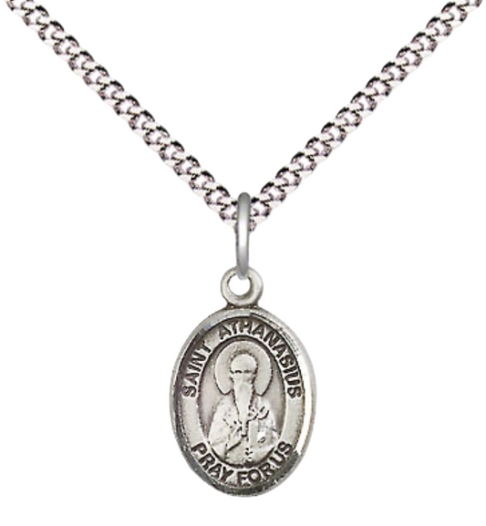 Small Sized Women's Pewter Saint Athanasius Medal Pendant on 18 Inch Rhodium Plated Lite Curb Brass Chain with Lobster Claw Clasp, Catholic Religious Necklace - Made in USA- Velvet Gift Box