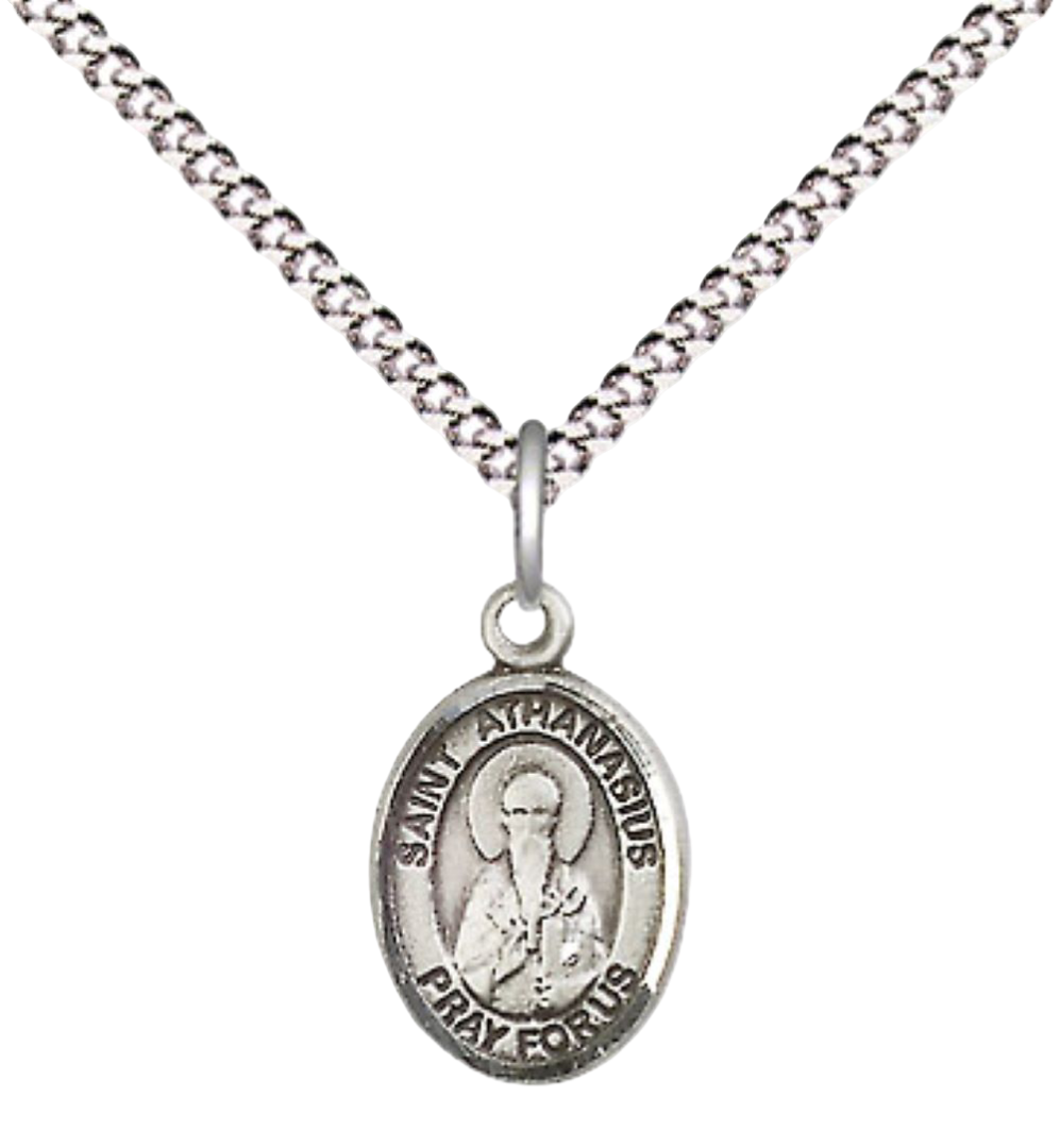 Small Sized Women's .925 Sterling Silver Saint St. Athanasius Medal Pendant on 18 Inch Rhodium Plated Lite Curb Brass Chain with Lobster Claw Clasp, Catholic Religious Necklace - Made in USA- Velvet Gift Box