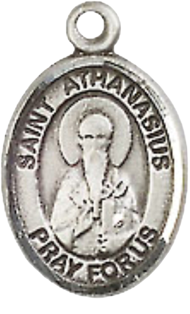 Small Sized Men's Pewter Saint St. Athanasius Medal Pendant on 24 Inch Endless Rhodium Plated Heavy Curb Brass Chain, Catholic Religious Necklace - Made in USA- Deluxe Velvet Gift Box