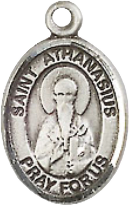 Small Sized Women's Pewter Saint Athanasius Medal Pendant on 18 Inch Rhodium Plated Lite Curb Brass Chain with Lobster Claw Clasp, Catholic Religious Necklace - Made in USA- Velvet Gift Box