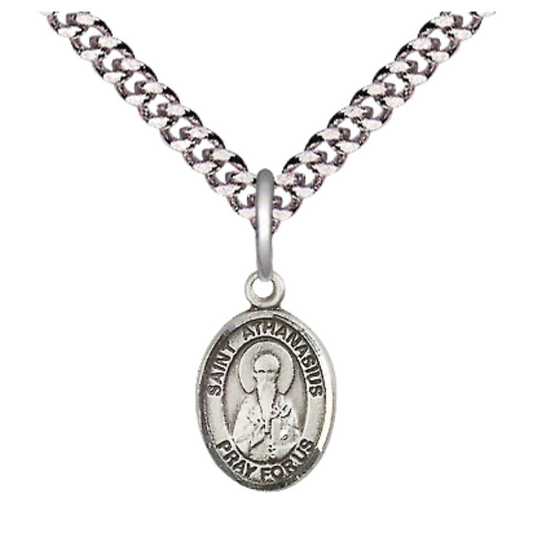 Small Sized Men's Pewter Saint St. Athanasius Medal Pendant on 24 Inch Endless Rhodium Plated Heavy Curb Brass Chain, Catholic Religious Necklace - Made in USA- Deluxe Velvet Gift Box