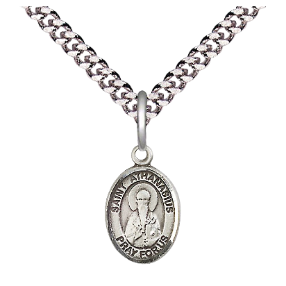 Small Sized Men's Pewter Saint St. Athanasius Medal Pendant on 24 Inch Endless Rhodium Plated Heavy Curb Brass Chain, Catholic Religious Necklace - Made in USA- Deluxe Velvet Gift Box
