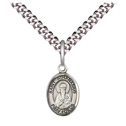 Small Sized Men's .925 Sterling Silver Saint St. Athanasius Medal Pendant on 24 Inch Endless Rhodium Plated Heavy Curb Brass Chain, Catholic Religious Necklace - Made in USA- Deluxe Velvet Gift Box