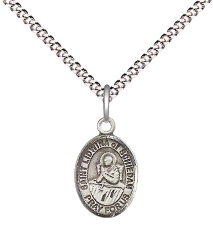 Small Sized Women's Pewter Saint St. Lidwina of Schiedam Medal Pendant on 18 Inch Rhodium Plated Lite Curb Brass Chain with Lobster Claw Clasp, Catholic Religious Necklace - Made in USA- Velvet Gift Box