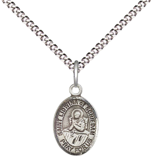 Small Sized Women's Pewter Saint St. Lidwina of Schiedam Medal Pendant on 18 Inch Rhodium Plated Lite Curb Brass Chain with Lobster Claw Clasp, Catholic Religious Necklace - Made in USA- Velvet Gift Box