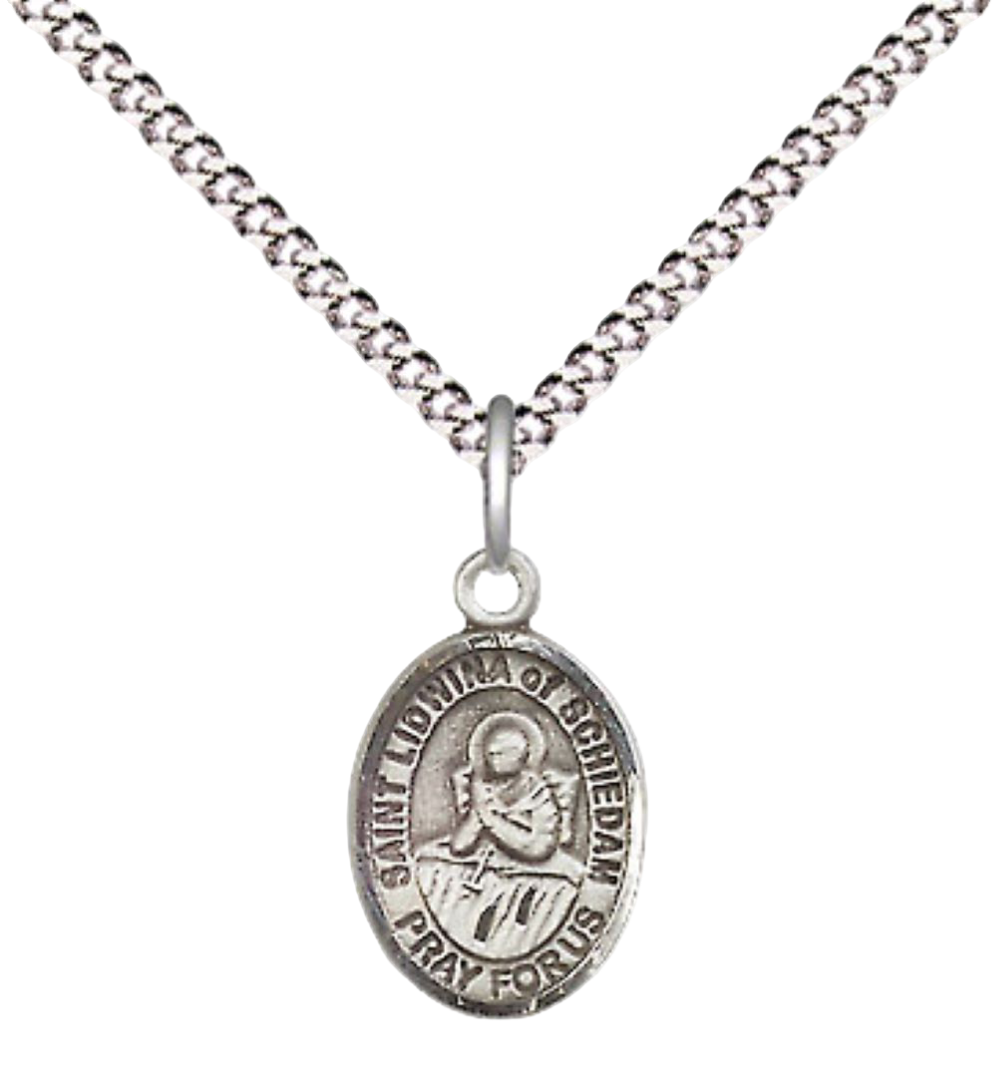 Small Sized Women's .925 Sterling Silver Saint St. Lidwina of Schiedam Medal Pendant on 18 Inch Rhodium Plated Lite Curb Brass Chain with Lobster Claw Clasp, Catholic Religious Necklace - Made in USA- Velvet Gift Box