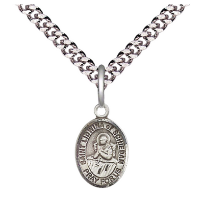 Small Sized Men's Pewter Saint St. Lidwina of Schiedam Medal Pendant on 24 Inch Endless Rhodium Plated Heavy Curb Brass Chain, Catholic Religious Necklace - Made in USA- Deluxe Velvet Gift Box