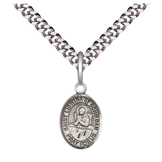 Small Sized Men's Pewter Saint St. Lidwina of Schiedam Medal Pendant on 24 Inch Endless Rhodium Plated Heavy Curb Brass Chain, Catholic Religious Necklace - Made in USA- Deluxe Velvet Gift Box