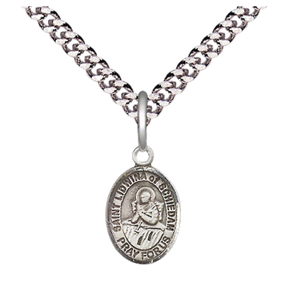 Small Sized Men's .925 Sterling Silver Saint St. Lidwina of Schiedam Medal Pendant on 24 Inch Endless Rhodium Plated Heavy Curb Brass Chain, Catholic Religious Necklace - Made in USA- Deluxe Velvet Gift Box