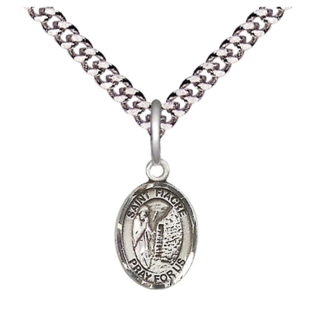 Small Sized Men's .925 Sterling Silver Saint St. Fiacre Medal Pendant on 24 Inch Endless Rhodium Plated Heavy Curb Brass Chain, Catholic Religious Necklace - Made in USA- Deluxe Velvet Gift Box