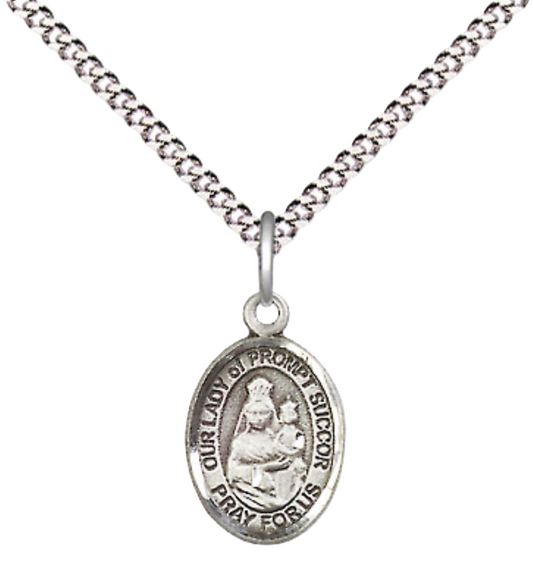 Small Sized Women's .925 Sterling Silver Our Lady of Prompt Succor Medal Pendant on 18 Inch Rhodium Plated Lite Curb Brass Chain with Lobster Claw Clasp, Catholic Religious Necklace - Made in USA- Velvet Gift Box