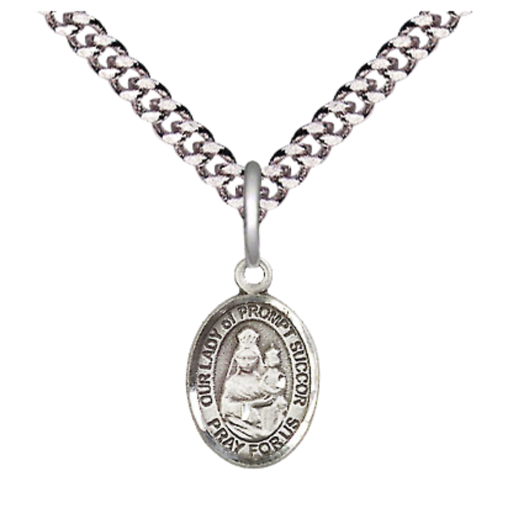 Small Sized Men's Pewter Our Lady of Prompt Succor Medal Pendant on 24 Inch Endless Rhodium Plated Heavy Curb Brass Chain, Catholic Religious Necklace - Made in USA- Deluxe Velvet Gift Box