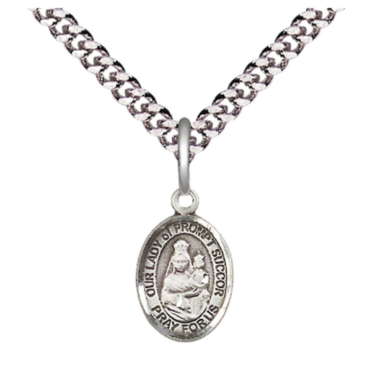 Small Sized Men's Pewter Our Lady of Prompt Succor Medal Pendant on 24 Inch Endless Rhodium Plated Heavy Curb Brass Chain, Catholic Religious Necklace - Made in USA- Deluxe Velvet Gift Box