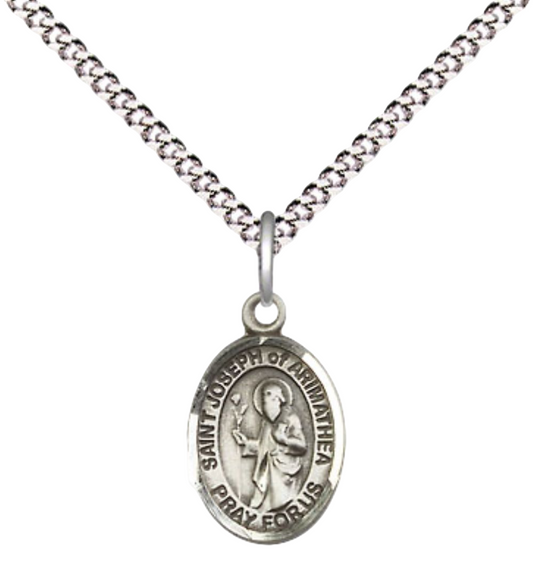 Small Sized Women's Pewter Saint Joseph of Arimathea Medal Pendant on 18 Inch Rhodium Plated Lite Curb Brass Chain with Lobster Claw Clasp, Catholic Religious Necklace - Made in USA- Velvet Gift Box