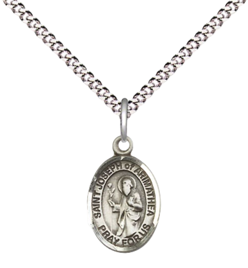 Small Sized Women's .925 Sterling Silver Saint St. Joseph of Arimathea Medal Pendant on 18 Inch Rhodium Plated Lite Curb Brass Chain with Lobster Claw Clasp, Catholic Religious Necklace - Made in USA- Velvet Gift Box