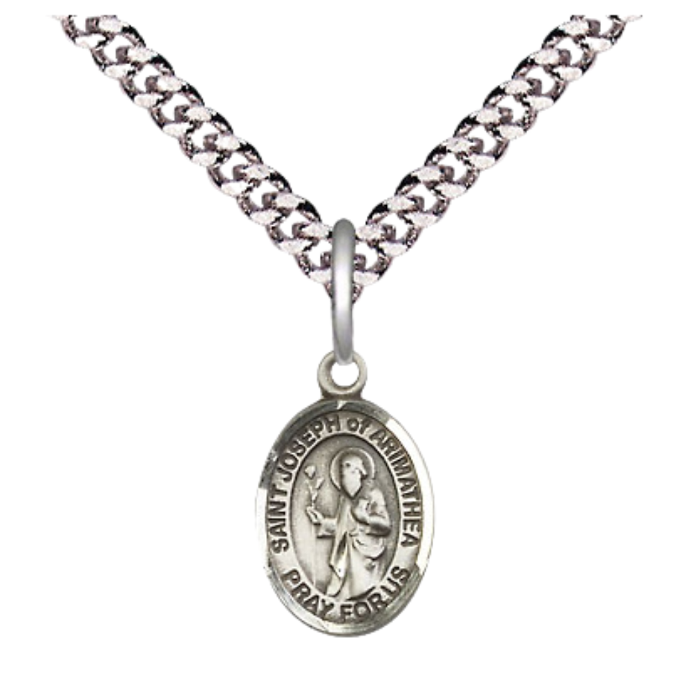Small Sized Men's Pewter Saint St. Joseph of Arimathea Medal Pendant on 24 Inch Endless Rhodium Plated Heavy Curb Brass Chain, Catholic Religious Necklace - Made in USA- Deluxe Velvet Gift Box