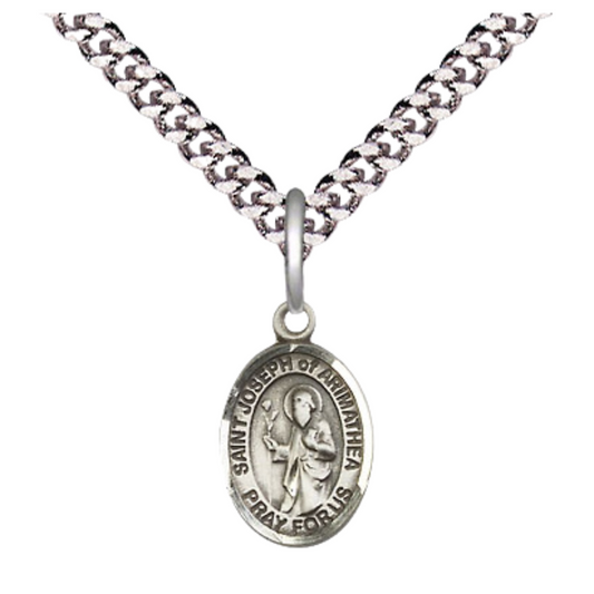 Small Sized Men's Pewter Saint St. Joseph of Arimathea Medal Pendant on 24 Inch Endless Rhodium Plated Heavy Curb Brass Chain, Catholic Religious Necklace - Made in USA- Deluxe Velvet Gift Box