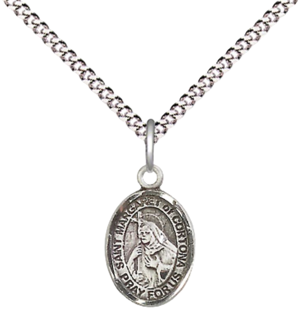 Small Sized Women's Pewter Saint St. Margaret of Cortona Medal Pendant on 18 Inch Rhodium Plated Lite Curb Brass Chain with Lobster Claw Clasp, Catholic Religious Necklace - Made in USA- Velvet Gift Box