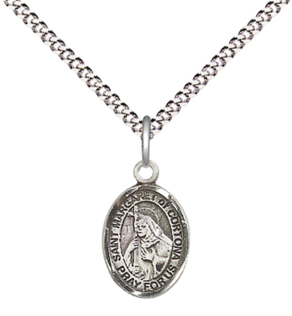 Small Sized Women's Pewter Saint St. Margaret of Cortona Medal Pendant on 18 Inch Rhodium Plated Lite Curb Brass Chain with Lobster Claw Clasp, Catholic Religious Necklace - Made in USA- Velvet Gift Box
