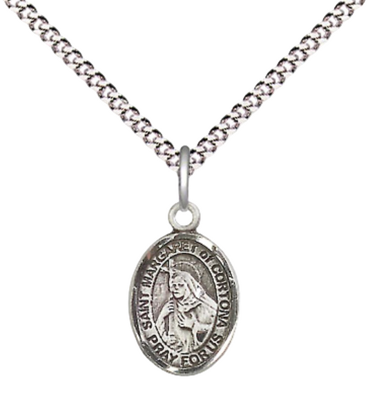 Small Sized Women's Pewter Saint St. Margaret of Cortona Medal Pendant on 18 Inch Rhodium Plated Lite Curb Brass Chain with Lobster Claw Clasp, Catholic Religious Necklace - Made in USA- Velvet Gift Box
