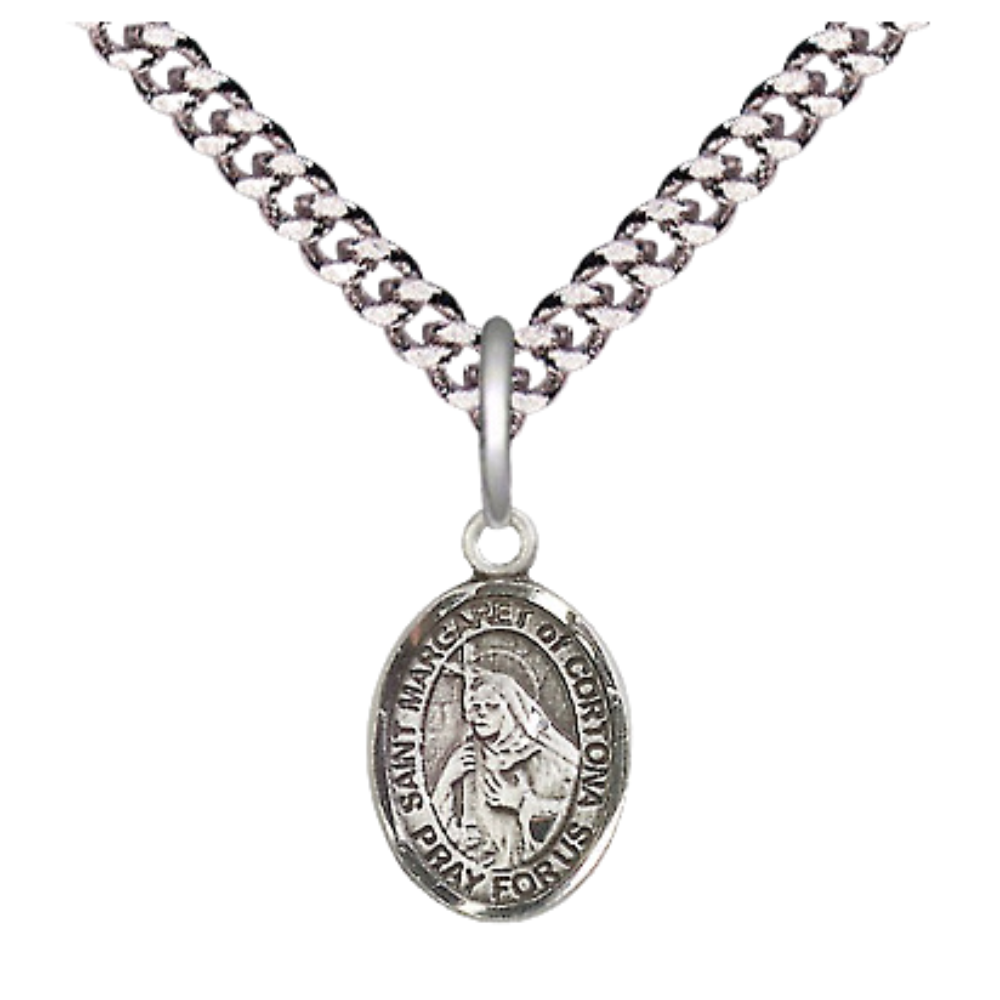 Small Sized Men's .925 Sterling Silver Saint St. Margaret of Cortona Medal Pendant on 24 Inch Endless Rhodium Plated Heavy Curb Brass Chain, Catholic Religious Necklace - Made in USA- Deluxe Velvet Gift Box