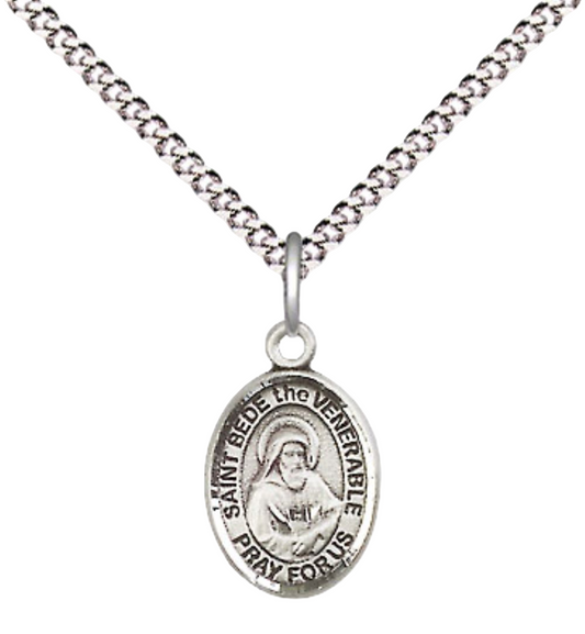 Small Sized Women's .925 Sterling Silver Saint St. Bede the Venerable Medal Pendant on 18 Inch Rhodium Plated Lite Curb Brass Chain w/ Lobster Claw Clasp, Catholic Religious Necklace - Made in USA- Velvet Gift Box