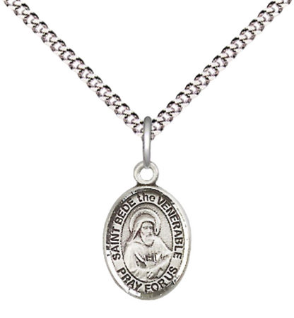 Small Sized Women's Pewter Saint St. Bede the Venerable Medal Pendant on 18 Inch Rhodium Plated Lite Curb Brass Chain with Lobster Claw Clasp, Catholic Religious Necklace - Made in USA- Velvet Gift Box