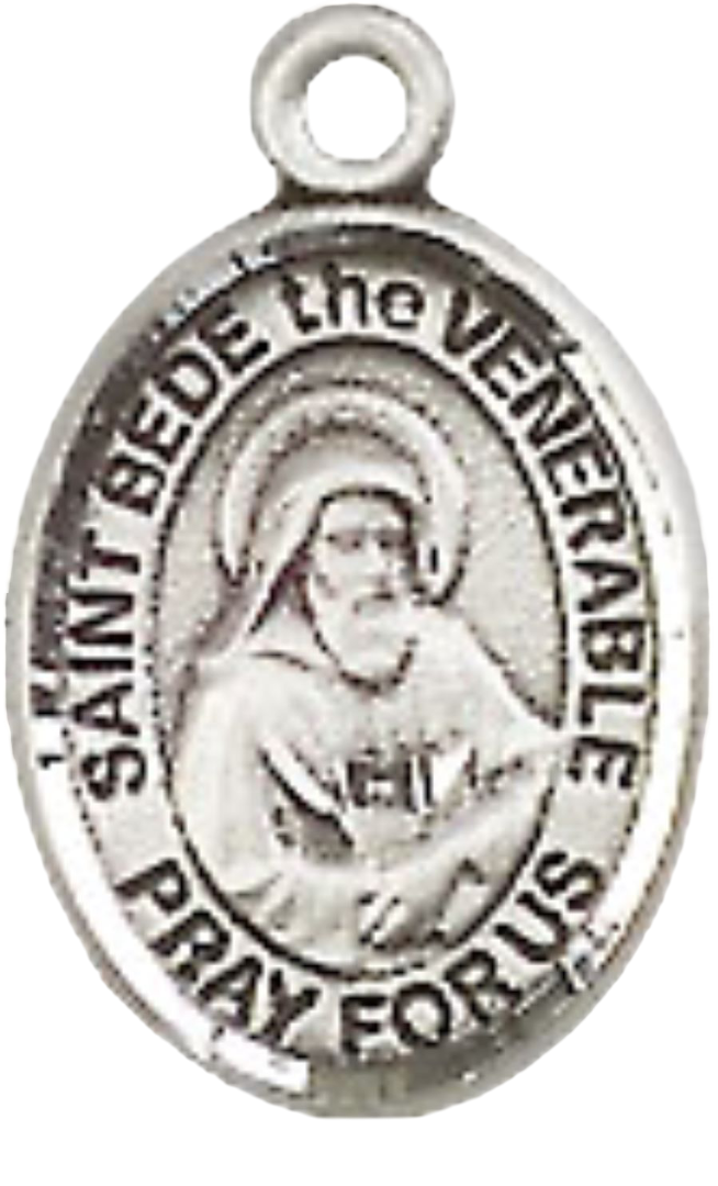 Small Sized Women's Pewter Saint St. Bede the Venerable Medal Pendant on 18 Inch Rhodium Plated Lite Curb Brass Chain with Lobster Claw Clasp, Catholic Religious Necklace - Made in USA- Velvet Gift Box