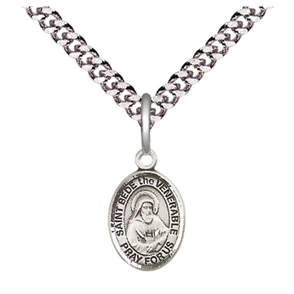 Small Sized Men's .925 Sterling Silver Saint St. Bede the Venerable Medal Pendant on 24 Inch Endless Rhodium Plated Heavy Curb Brass Chain, Catholic Religious Necklace - Made in USA- Deluxe Velvet Gift Box