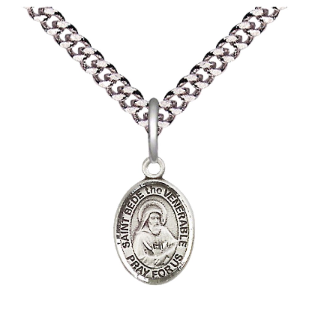 Small Sized Men's Pewter Saint St. Bede the Venerable Medal Pendant on 24 Inch Endless Rhodium Plated Heavy Curb Brass Chain, Catholic Religious Necklace - Made in USA- Deluxe Velvet Gift Box
