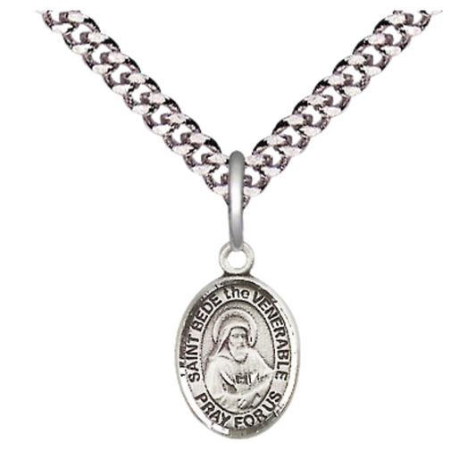 Small Sized Men's Pewter Saint St. Bede the Venerable Medal Pendant on 24 Inch Endless Rhodium Plated Heavy Curb Brass Chain, Catholic Religious Necklace - Made in USA- Deluxe Velvet Gift Box
