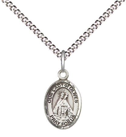 Small Sized Women's Pewter Our Lady of Olives Medal Pendant on 18 Inch Rhodium Plated Lite Curb Brass Chain with Lobster Claw Clasp, Catholic Religious Necklace - Made in USA- Velvet Gift Box