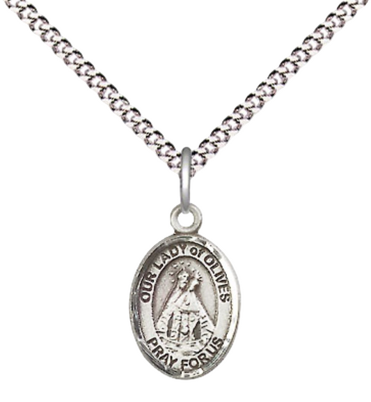 Small Sized Women's .925 Sterling Silver Our Lady of Olives Medal Pendant on 18 Inch Rhodium Plated Lite Curb Brass Chain with Lobster Claw Clasp, Catholic Religious Necklace - Made in USA- Velvet Gift Box