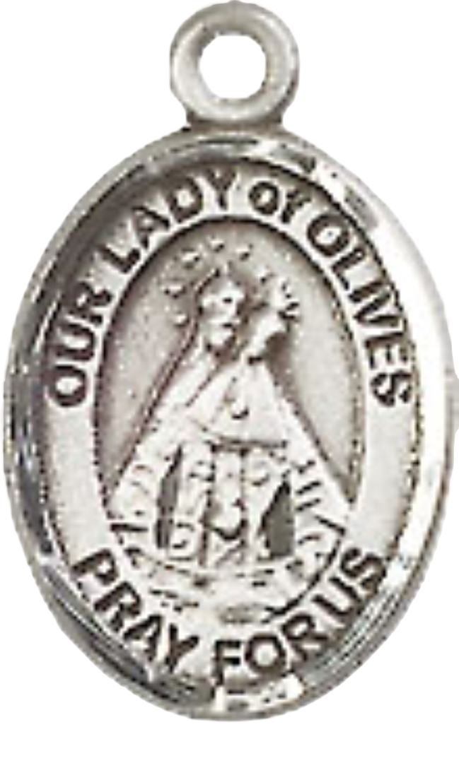 Small Sized Women's Pewter Our Lady of Olives Medal Pendant on 18 Inch Rhodium Plated Lite Curb Brass Chain with Lobster Claw Clasp, Catholic Religious Necklace - Made in USA- Velvet Gift Box