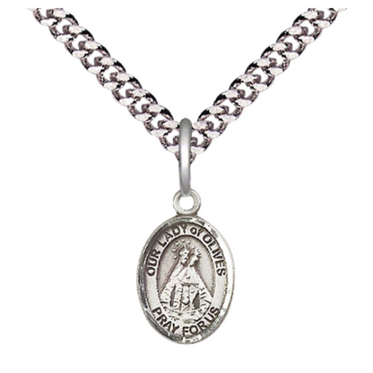 Small Sized Men's Pewter Our Lady of Olives Medal Pendant on 24 Inch Endless Rhodium Plated Heavy Curb Brass Chain, Catholic Religious Necklace - Made in USA- Deluxe Velvet Gift Box