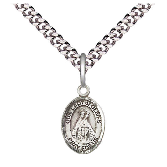 Small Sized Men's Pewter Our Lady of Olives Medal Pendant on 24 Inch Endless Rhodium Plated Heavy Curb Brass Chain, Catholic Religious Necklace - Made in USA- Deluxe Velvet Gift Box