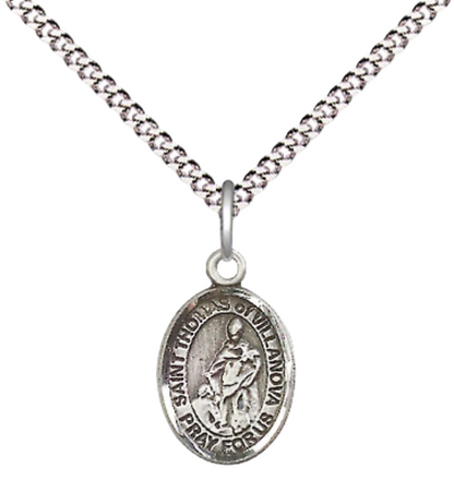 Small Sized Women's Pewter Saint St. Thomas of Villanova Medal Pendant on 18 Inch Rhodium Plated Lite Curb Brass Chain with Lobster Claw Clasp, Catholic Religious Necklace - Made in USA- Velvet Gift Box